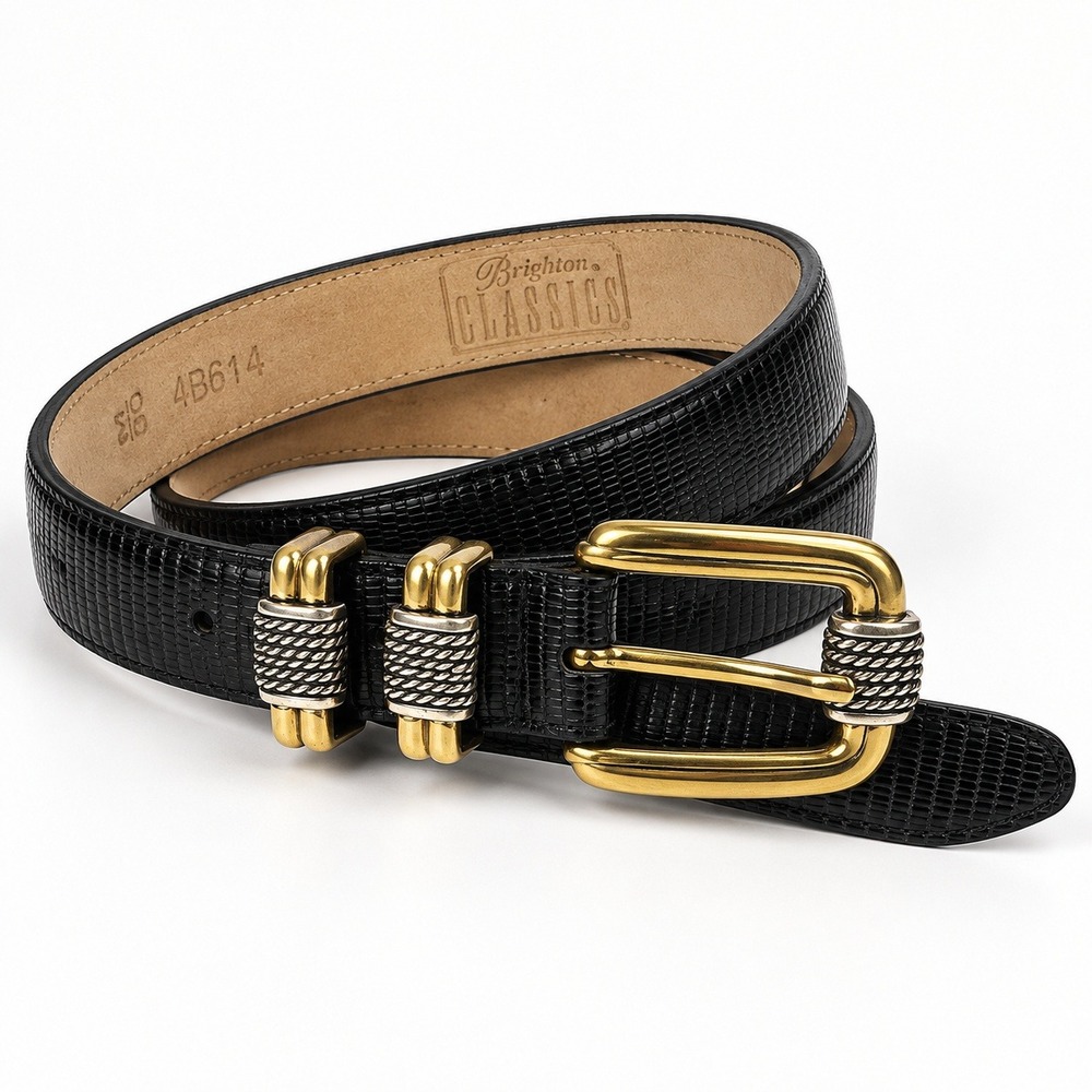 Brighton Classics Belt Womens 30 Black Lizard Embossed Mixed Metal Buckle Gold
